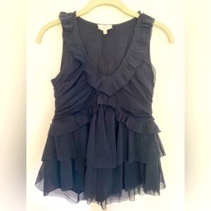 Deletta Anthropologie Black Nylon Tiered Mesh Ruffled Amaris Top Blouse Small